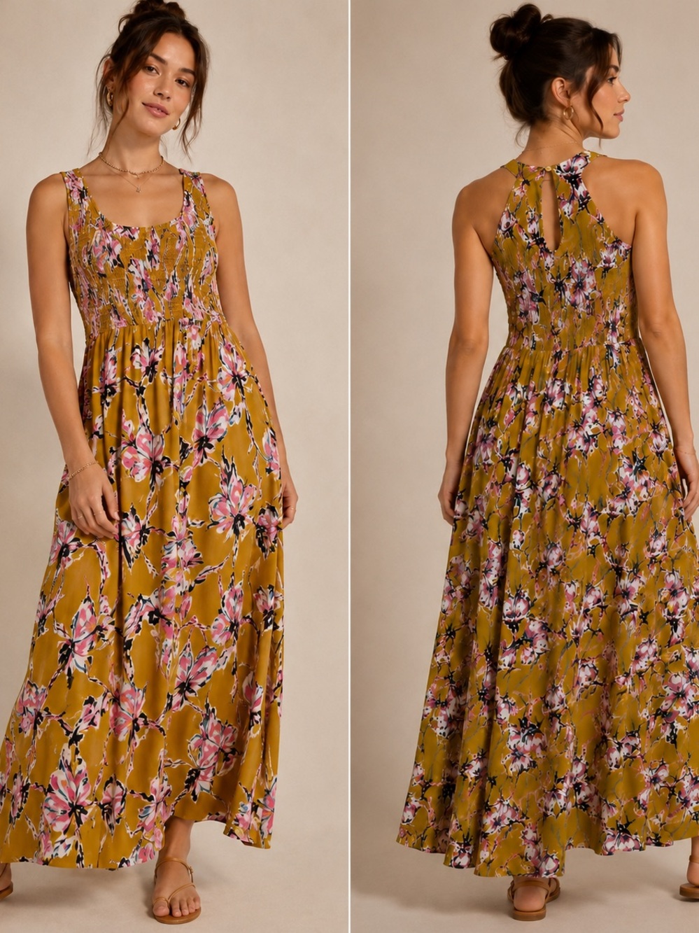 NWOT DAY AFTER DAY Floral Sleeveless Maxi Dress - Mustard and Pink
